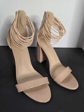 Catherine Malandrino Nude Patent Multi-Strap Ankle Wrap Block Heels